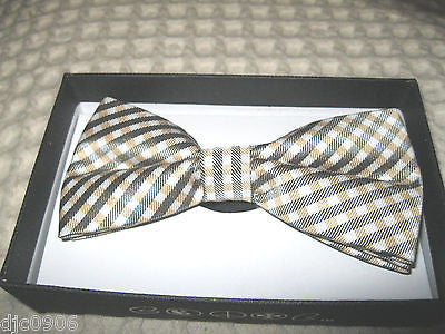 TAN BROWN BEIGE WHITE PLAID TUXEDO ADJUSTABLE  BOW TIE BOWTIE-NEW!PLAID BOW TIE