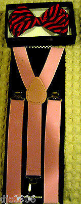 Pink Black Swirls  Adjustable Bowtie & Pink Adjustable Suspenders Combo-New!