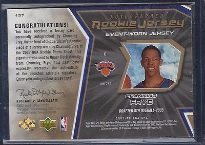 CHANNING FRYE RC 2005-06 SPX RC ROOKIE AUTO JERSEY 0702/1499 NEW YORK KNICKS