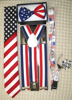 US Flag American Flag Suspenders,Lanyard,Tie &Red,White,Blue Stripes Bow Tie-v10