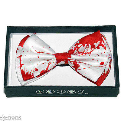 WHITE BLOOD SPLATTER  ADJUSTABLE PRE-TIED STRAP BOW TIE-NEW GIFT BOX!