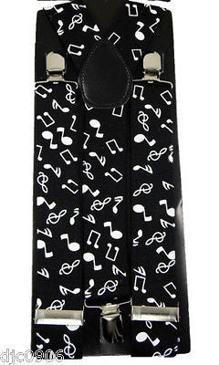 THICK 1 1/2" BLACK W/ WHITE MUSIC NOTES Adjustable Y-Style Back suspenders-New!