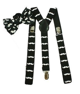 White Wide 1 1/2" Adjustable Suspenders & Black Adjustable Bow Tie COMBO-New!