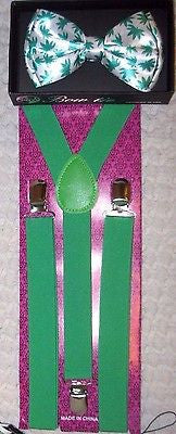 Marijuana MJ Weed Leaves Bow tie + Green Adjustable Y-Back Suspenders Combo Set