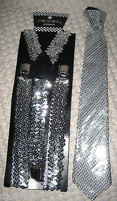 Silver Sequin Pre-Tied Neck tie & Silver Glittered Suspenders Combo Set-New