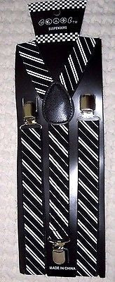 Goth Unisex Men's Women's Black White Diagonal Stripes Adjustable Suspenders-New