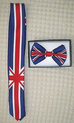 UK British Flag 3" Wide Neck Tie & UK British Adjustable Bow Tie Combo-A4