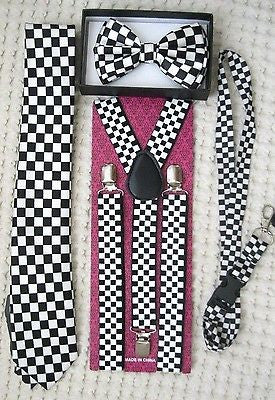 Black&White Checkers Necktie and 1" Black&White Checkered Y-Back Suspenders-V1