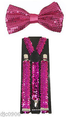 HOT PINK Sequin Adjustable Bowtie & HOT PINK Sequin Adjustable Suspenders Combo