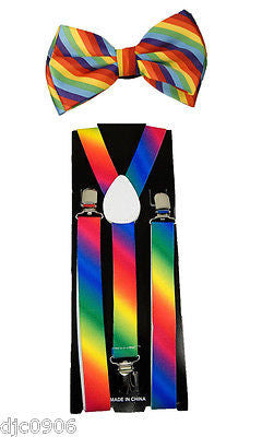 Unisex Rainbow Stripes Adjustable Bow tie+Rainbow Adjustable Suspenders Combo-V2