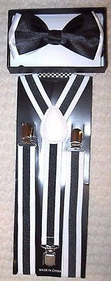 Black with White Tips Adjustable Bow Tie & Black White Stripes Suspenders Set-V1