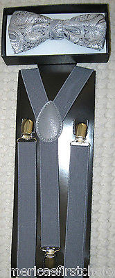 French Blue Silver Paisley Pattern Adjustable Bow Tie & Blue Glitter Suspenders
