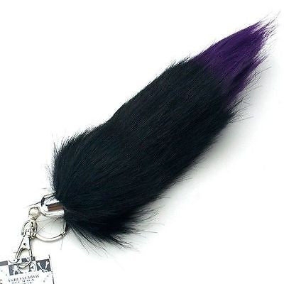 BLACK WITH PURPLE FAUX FOXTAIL KEYCHAIN RING PURSE TASSLE BELT CLIP 9"-10"-NEW!