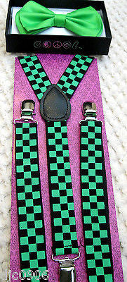 Green and Black 2 Tone Bow tie+Green Black Checkered Adjustable Suspenders Set