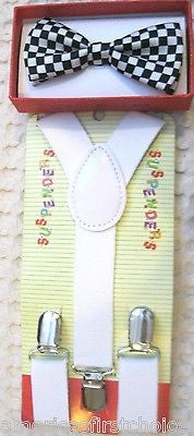 Kids Boys Girls Y-Back White Adjustable Suspenders &Red White Polka Dot Bow Tie