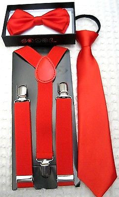 Kids Teens Lips Kisses Bowtie and Necktie with Red Adjustable Suspenders Set