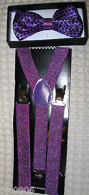 BG Purple Sequin Adjustable Bow Tie&Purple Glittered Adjustable Suspenders Set