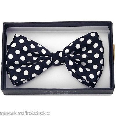 NAVY BLUE WITH WHITE POLKA DOTS PRE-TIED ADJUSTABLE BOW TIE-NEW!