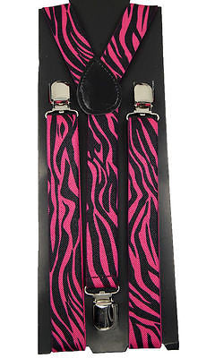 Unisex Pink and Black Zebra Print Y-Style Back suspenders with polished clips