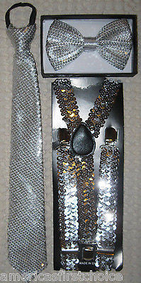 Kid's Boys Girls  Blue Adjustable Bow Tie, Blue Neck Tie &Blue Y-Back Suspenders