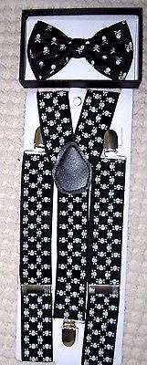 Unisex Skulls&Crossbones Adjustable Bow tie & 1 1/2" WIDE Adjustable Suspenders6