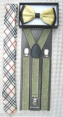 Black Gargoyle Plaid Bow Tie,Black Plaid Necktie&Black Suspenders Combo Set-New!