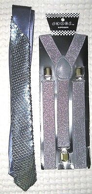 Silver Gray Grey Sequin Neck tie & Silver Glittered Suspenders Combo Set-New!