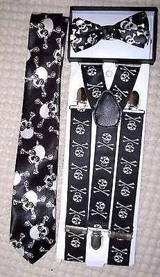 Unisex Skulls&Crossbones, Neck Tie,& Wide Skulls&Crossbones Suspenders Combo-VR1