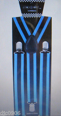 Unisex Men's Women's Goth Black Blue Stripes Adjustable Suspenders-New in Pkg!