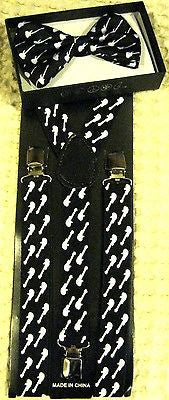 Black w/ White Guitars Adjustable Bowtie and Adjustable Suspenders Combo-New!