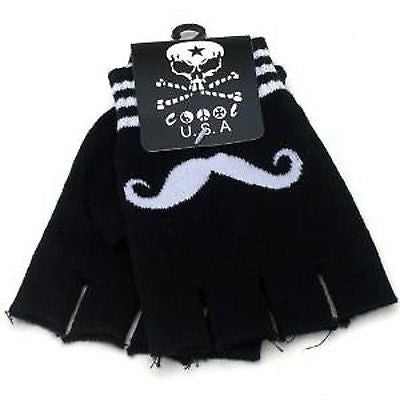 NEW BLACK WITH WHITE MUSTACHE CUTOFF KNIT FINGERLESS GLOVES WINTER WOMENS GIRLS