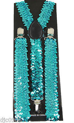 Unisex Aqua Blue Turquoise Sequin Sequence Adjustable Y-Style Back suspenders