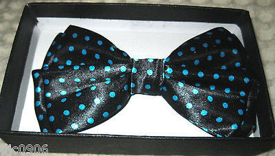 BLACK WITH TURQUIOSE BLUE POLKA DOTS ADJUSTABLE  BOW TIE-NEW! POLKA DOT BOW TIE