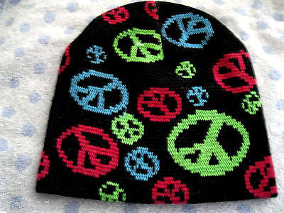 Multi Color Peace Signs Symbols Black Winter Knitted Skull Beanie Ski Cap-NWOT!