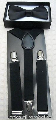 Kids Teens Black Adjustable 2 layer Bow Tie&Black Adjustable Suspenders Set-New!