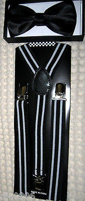 Solid Black Adjustable Bow Tie & Black/White Stripes Adjust Suspenders Combo-New