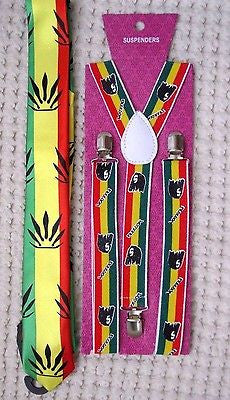Rasta Stripes NeckTie &  Rasta Stripes with Bob Marley Portraits Suspenders-v2