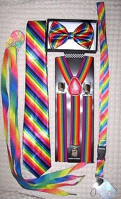 Men's Rainbow Stripes Adjustable Bow tie,Neck Tie,Suspenders,Lanyard,Shoelaces16