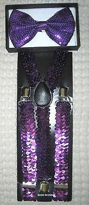 Purple Sequin Bowtie Bow Tie & Purple Sequin Adjustable Suspenders Combo Set-V3