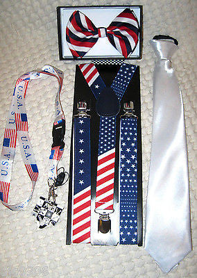 American Flag Suspenders,Lanyard,Blue Tie &Red,White,Blue Stripes Bow Tie-New!