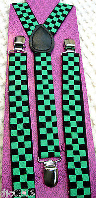 Black Adjustable Bowtie + Green Black Checkered Adjustable Suspenders Combo-New!