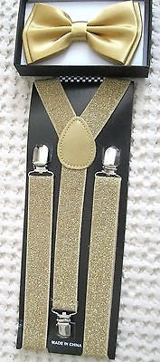 Shiny Gold Adjustable Bow tie,Necktie,& Gold Glitter Adjustable Suspenders-New!