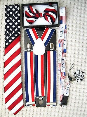 Canadian Canada Flag with Stripes 2" Necktie,Red Bow Tie and Red 1" Suspenders