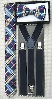 Black Gargoyle Plaid Bow Tie,Black Plaid Necktie&Black Suspenders Combo Set-New!