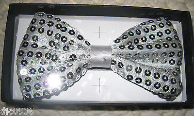 Silver Sequin Pre-Tied Neck tie & Silver Glittered Suspenders Combo Set-New