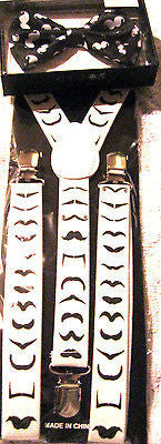 Black White Mustaches Adjustable Bow tie &White Multi Mustache Suspenders Combo