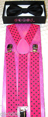 Solid Black Adjustable Bow tie & Hot Pink with Black Polka Dot Suspenders Combo