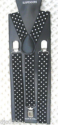 Black White Polka Dot Bow Tie&White Polka Dot Adjustable Y-Back Suspenders--New!