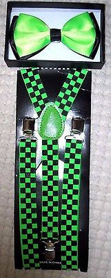 NEON GREEN BLACK TIPS TUXEDO BOW TIE+ NEON GREEN CHECKERS SUSPENDERS COMBO-NEW!