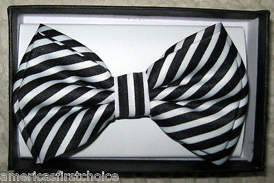 Tuxedo Adjustable Bow Tie PreTied Black And White STRIPED Print Formal Bow Tie